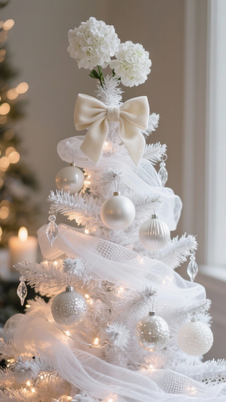 Closeup detail shot of a white-themed Christmas tree styled in layered tones of white: flocked branches with tucked-in white mesh ribbon, gauzy chiffon, and cheesecloth. Ornaments in matte, satin, frosted, and pearlescent finishes are clustered in groups of three at varying depths. Warm white micro lights create a candlelit glow; a few clear glass drops and acrylic icicles catch the light. The topper is an ivory velvet bow. Soft white hydrangea stems are subtly tucked in for volume. Photorealistic, shallow depth of field, warm indoor evening lighting, bokeh from micro lights.