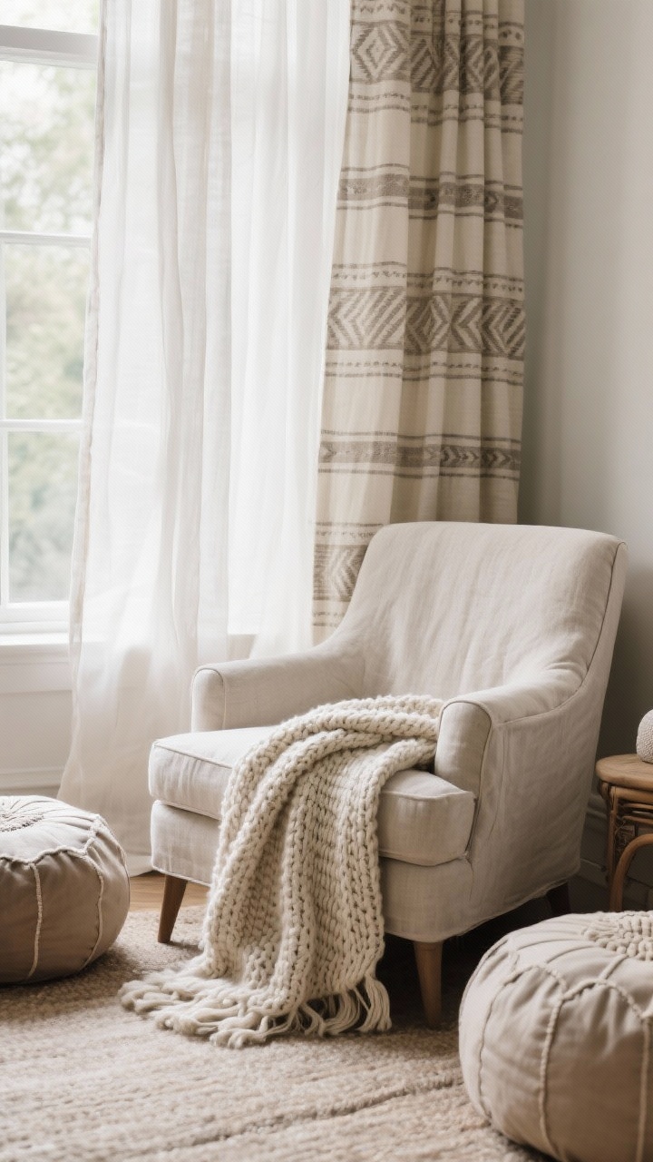 Closeup of soft textiles and breezy drapes: linen slipcovered armchair with a light cotton throw layered under a chunky knit throw for texture; neutral floor cushions/poufs arranged nearby; sheer linen curtains moving gently at the window; patterns kept subtle—fine stripes or muted tribal motifs; soft daylight creating an airy feel, photorealistic.