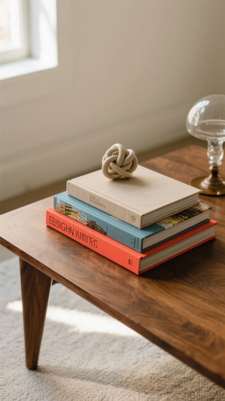 Closeup overhead shot of a high-low stack on a walnut coffee table: three oversized coffee table books (largest art book with a neutral linen cover on bottom, mid-size design book with a bold colored spine in the middle, smaller travel book on top with clean edges flush), topped with a small sculptural ceramic knot beside a vintage glass paperweight; natural daylight from a nearby window, soft shadows, emphasizing color play and crisp alignment.