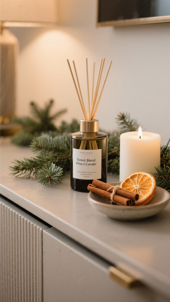 Closeup sensory vignette emphasizing a single festive scent profile: a reed diffuser on a console labeled with a forest blend (pine, cedar), one warm-white candle nearby, and a small dish of dried orange slices with bundled cinnamon sticks; sprigs of fresh greenery tucked along the surface; cohesive, subtle styling under soft warm lighting; no plug-ins visible; the mood is intentional and luxe, minimal clutter.