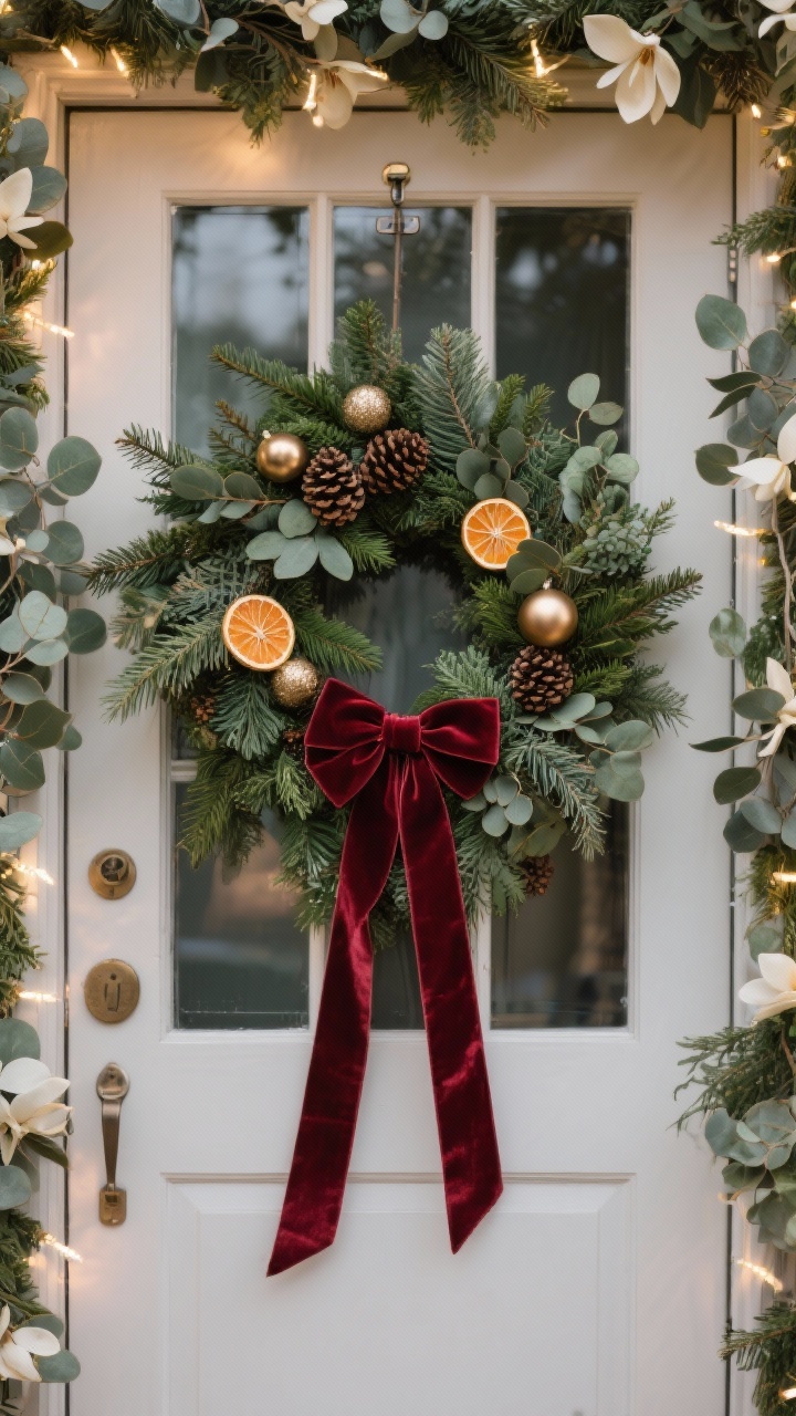 Closeup, straight-on view of a front door styled for Christmas party vibes: a lush, asymmetrical evergreen wreath mixing cedar, eucalyptus, and fir, accented with pinecones, a few matte brass ornaments, and dried orange slices; a wide burgundy velvet ribbon tied low with a long cascading tail; pre-lit garland framing the door with tucked eucalyptus and magnolia leaves; subtle warm-white glow on the garland; show removable 3M hook and a glass-paned door with a suction hook visible; photorealistic textures of greenery, velvet, and magnolia leaves, moody but warm holiday lighting.