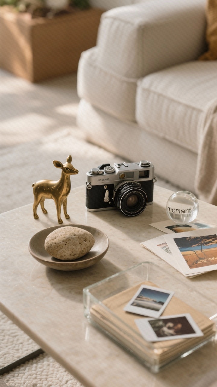 Closeup vignette on a coffee table that feels personal but chic: a small brass animal figurine next to an old camera as a vintage find, a smooth beach stone in a shallow dish as a travel memento, and a few art cards/polaroids stacked neatly under a small glass paperweight; restrained palette and minimal clutter, creating one intentional “moment”; warm, cozy natural light.