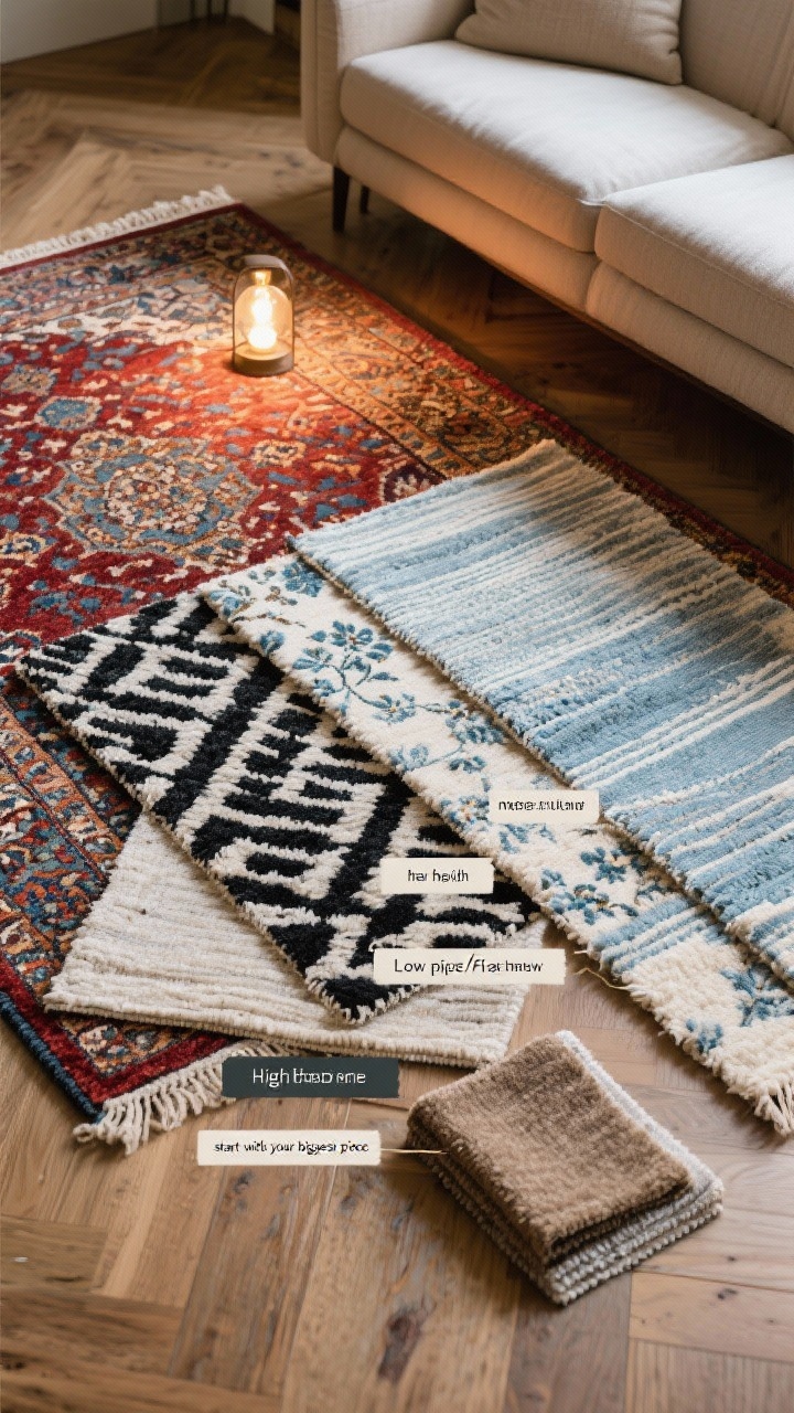 Detail closeup, color/pattern/pile with lighting check: An overhead shot of layered rug samples on a wood floor showing a muted Persian/Oriental pattern (rich reds and indigos), a geometric black-and-cream flatweave, a soft floral in coastal blues, and a striped runner; include labeled pile-height tags: low pile/flatweave, medium pile, high pile/shag; side-by-side lighting demo with warm bulb glow on one half and cool daylight on the other to show color shift; a fabric swatch of a neutral sofa placed nearby to illustrate “start with your biggest piece”; crisp, photorealistic texture and fibers in sharp focus.