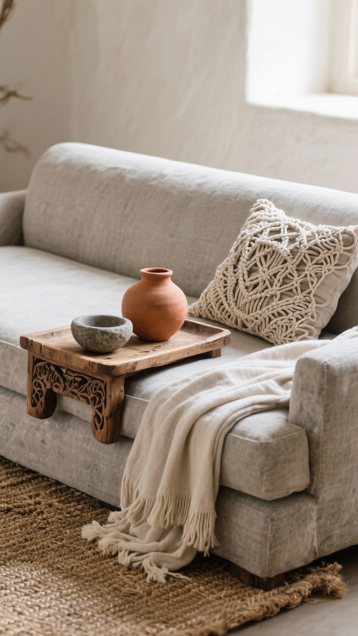 Detail closeup of layered textures: stone-colored linen sofa base with a woven jute rug beneath; a soft cotton throw draped over the arm, a macramé pillow on the seat; on the carved wood tray rests a small stone bowl and a terracotta vase; shallow depth of field emphasizing tactile contrast—smooth ceramics, rough wood, airy linen; gentle natural side light, photorealistic.