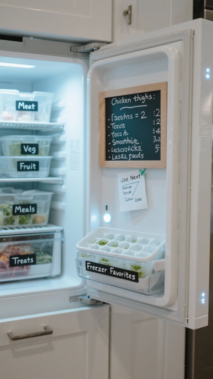 Detail closeup of the freezer door exterior with a small dry-erase board inventory: categories “Meat, Veg, Fruit, Meals, Treats” with simple counts (e.g., “Chicken thighs: 2 packs”), a checked “Use Next” bin note, and a short “Freezer Favorites” list (taco meat, smoothie packs, lasagna squares). Inside the open door edge, glimpse a labeled “Use Next” bin in the freezer. Include subtle LED motion puck light glow inside, matching bins with bold labels visible in the background, and silicone ice cube trays filled with stock and pesto in a lower drawer. Clean, efficient, boutique-like mood with bright, cool lighting and crisp handwriting.