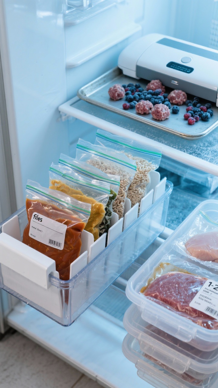 Detail closeup, overhead perspective of a baking sheet in a freezer holding zip-top bags pressed flat with soups, sauces, and cooked grains; bags labeled with contents and dates. After freezing, several flat “files” stand upright in a clear bin like a frozen library, separated by minimalist freezer dividers or white magazine holders. Nearby, a second sheet pan shows individually flash-frozen berries and meatballs, no clumps. Include a compact vacuum sealer and neatly vacuum-packed proteins portioned (1–2 chicken breasts, 1 lb ground beef), with marinade noted on labels. Emphasize rectangular containers, low wide bins, stackable lidded containers that nest, cool bluish freezer light, crisp textures of frost and plastic.