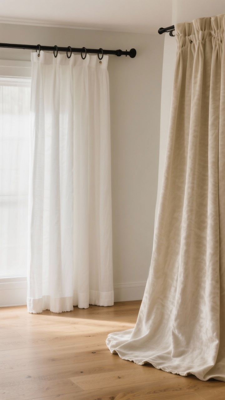 Detail closeups series in one composition, softly lit: three lower-hem moments on a light oak floor. Left: “just kissing the floor” hem on white linen for a polished hotel-chic look. Center: “floating” hem 1/2–1 inch above the floor for practicality. Right: “puddled” hem with 4 inches extra length in heavy ivory velvet for romantic drama. Include a visible matte black rod and rings/clips on one panel to show added drop, a grommet panel measured from the top of the rod on another, and a back-tab panel slightly shortening the visible length. Subtle note of uneven flooring corrected by tailored hems; warm natural light grazing the fabric texture.