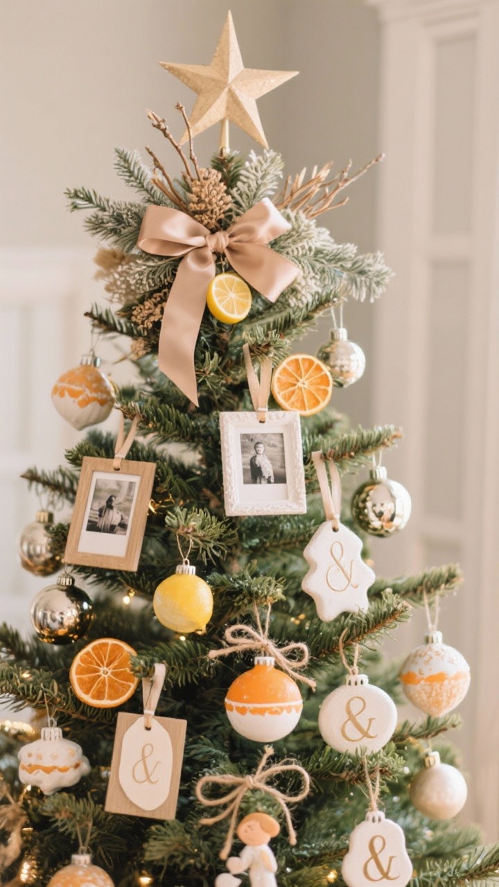 Detail shot focusing on personalized elements styled chicly: a curated memory zone on the lower side of the tree with kid-crafted ornaments grouped together using matching satin ribbon hangers; tiny photo frames mixed with metallic bulbs for cohesion; dried citrus slices (translucent orange and lemon) tied with twine, salt-dough ornaments painted to match the palette, and elegant monogram tags on select branches; topper composed as a bouquet of coordinated sprays, bows, and branches for height, with a classic star nestled into a cluster of picks; soft, warm lighting highlighting textures and sentimental details.