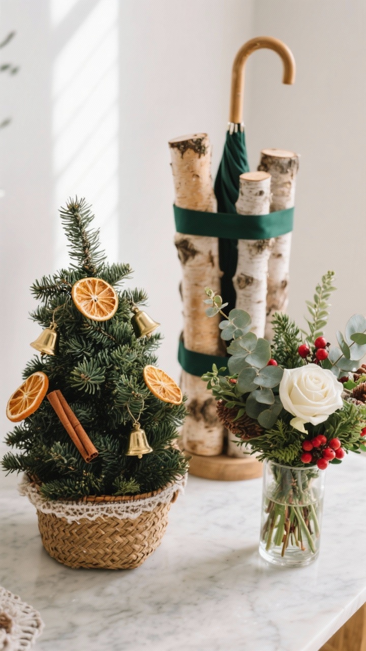 Detail shot from a slight overhead angle featuring a mini holiday botanical moment: a tabletop faux alpine tree in a woven basket tree collar, decorated with dried orange slices, cinnamon sticks, and tiny brass bells; next to it, a compact floral arrangement mixing cedar, pine, eucalyptus, white roses, and red berries in a simple glass vase; in the background, a tall umbrella stand holding birch logs tied with a narrow forest-green ribbon; natural daylight highlighting textures of needles, citrus, and bark.