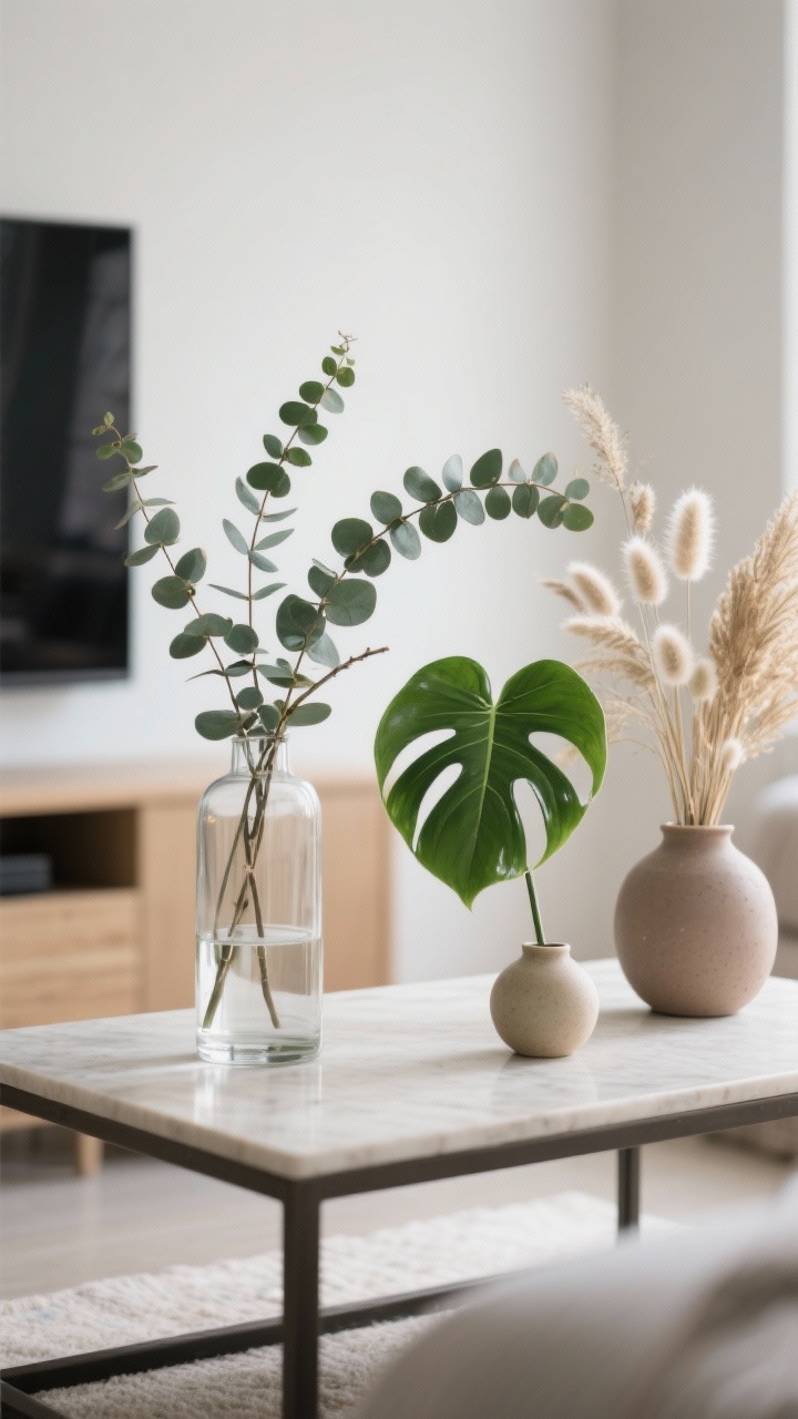 Detail shot of greenery on a coffee table: a simple narrow glass vase with a few eucalyptus and olive branches arching gracefully, plus a single monstera leaf in a small ceramic bud vase nearby; a small cluster of dried pampas and bunny tails in a muted clay vessel off to the side; vases kept low to preserve TV sightlines; soft, fresh daylight highlighting the movement and natural texture of leaves.