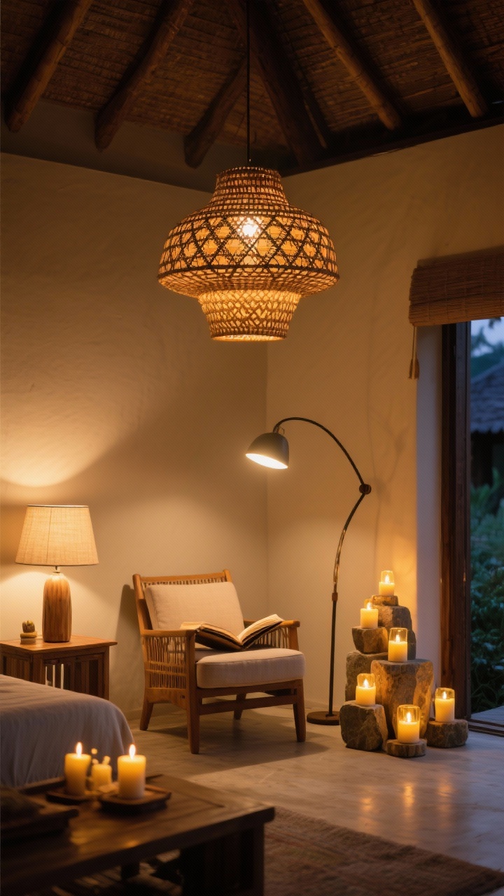 Evening medium shot of layered Bali retreat lighting: a rattan pendant casting warm patterned glow, table lamps with linen shades providing soft ambient light, a curved-arm floor lamp spotlighting a reading chair, and clusters of candles in stone/wood holders adding golden highlights; bulbs set to 2700–3000K for warmth; cozy, inviting mood, photorealistic.