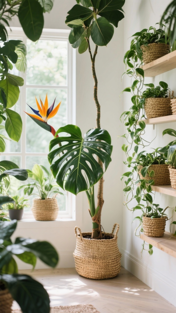 Medium corner shot of lush, sculptural indoor plants: a monstera deliciosa with iconic split leaves as the focal point, a bird of paradise near a bright window, a tall rubber tree for height, and trailing pothos/philodendron on open shelves; seagrass baskets used as planters add texture; bright, indirect natural light creating a fresh indoor-jungle vibe, photorealistic.