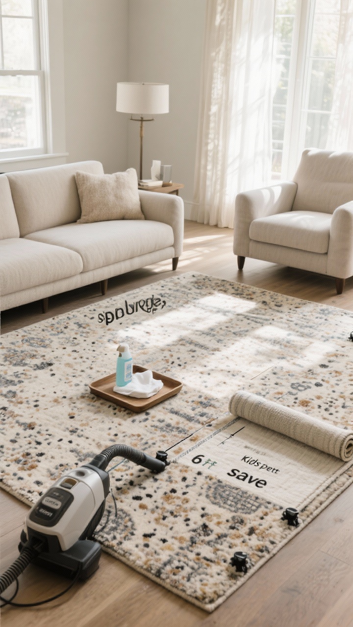 Medium shot, budget/maintenance/longevity essentials: A living room featuring a high-quality wool rug under the main seating to suggest “splurge,” with a smaller washable rug rolled at the side labeled for kids/pets “save”; a vacuum with gentle setting near the rug, a tray with mild cleaner and white cloth for blotting, and discreet rug grippers at the corners; a partially rotated rug showing alignment marks for the 6-month rotate tip; filtered sunlight through sheer window treatments hinting at UV care; patterned rug surface (speckled, busy motif) to demonstrate stain camouflage; straight-on view, clean and practical mood.