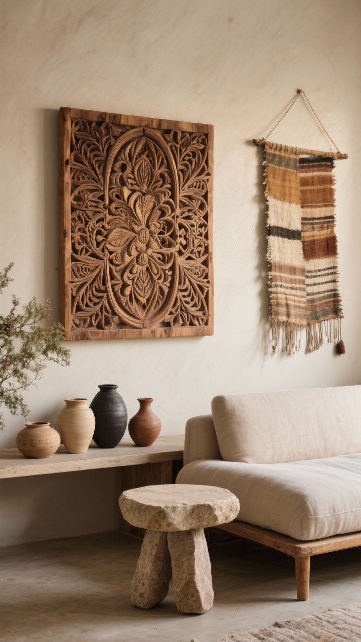 Medium shot highlighting carved details and artisan accents: a carved wood panel above the sofa, textile wall hanging with natural dyes adjacent, a stone stool used as a side table, and handmade ceramics in sand, charcoal, and clay tones on a console; curated, minimal arrangement with one bold piece emphasized; warm, ambient natural lighting, photorealistic.
