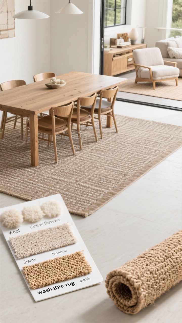 Medium shot, material focus for real-life durability: A dining room scene with a rectangular wood table and chairs fully on a stain-resistant polypropylene rug, subtle indoor-outdoor flatweave pattern; in the adjacent living nook, a soft wool rug under a lounge chair to contrast textures; include a rolled corner sample board showing swatches labeled wool, cotton flatweave, jute vs sisal, nylon, and “washable rug” tag; neutral earthy tones with the jute/sisal sample looking textured and matte; crisp daylight, corner angle; emphasize easy-care synthetics for high-traffic and the breathable, luxe feel of wool; no wet areas shown for jute/sisal.