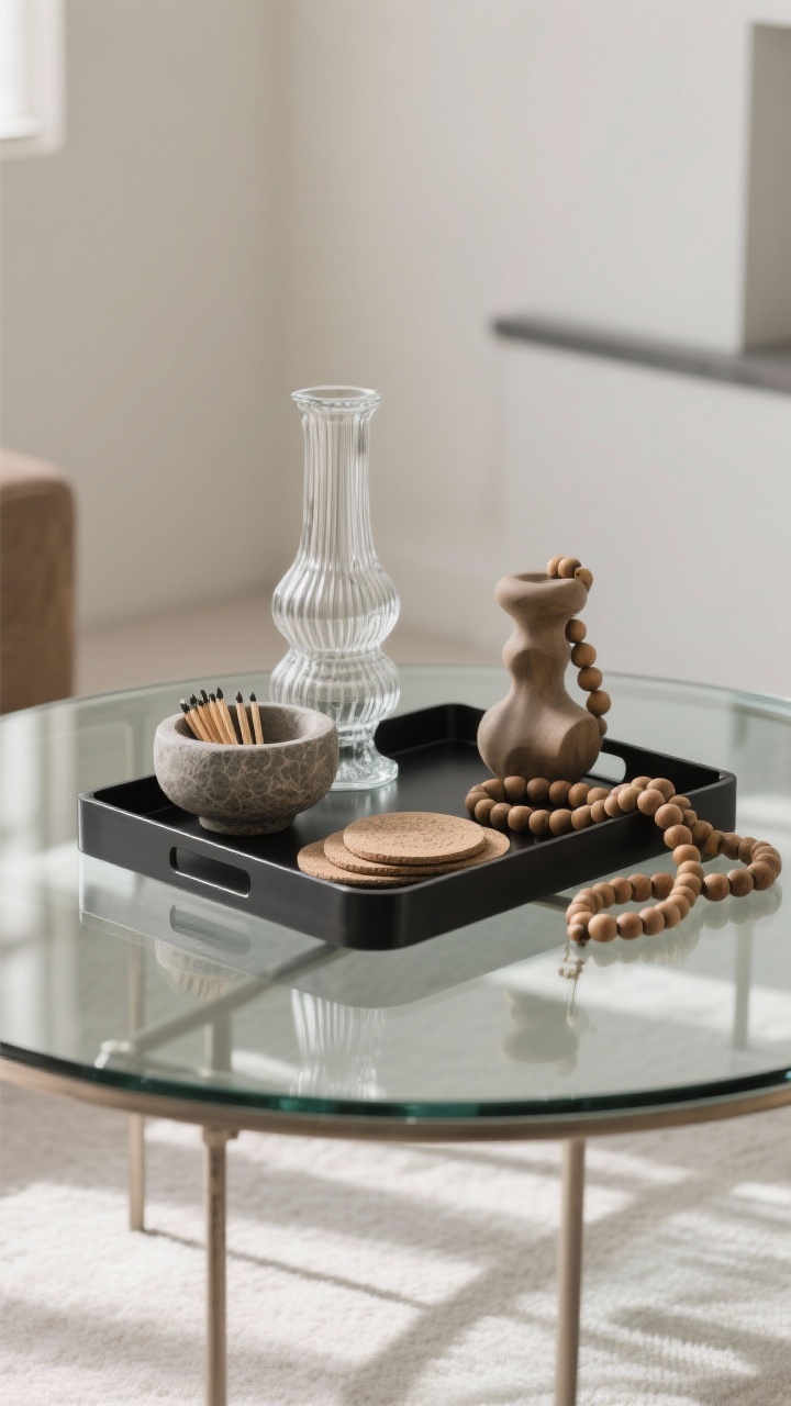Medium shot of a glass-top coffee table with a round matte black metal tray corralling items: one tall fluted glass vase for height, one low stone bowl holding matches and coasters, and a sculptural strand of wooden beads for texture; surrounding negative space kept tidy; mixed materials for contrast (metal tray on glass table); gentle afternoon light for a chic, intentional look.