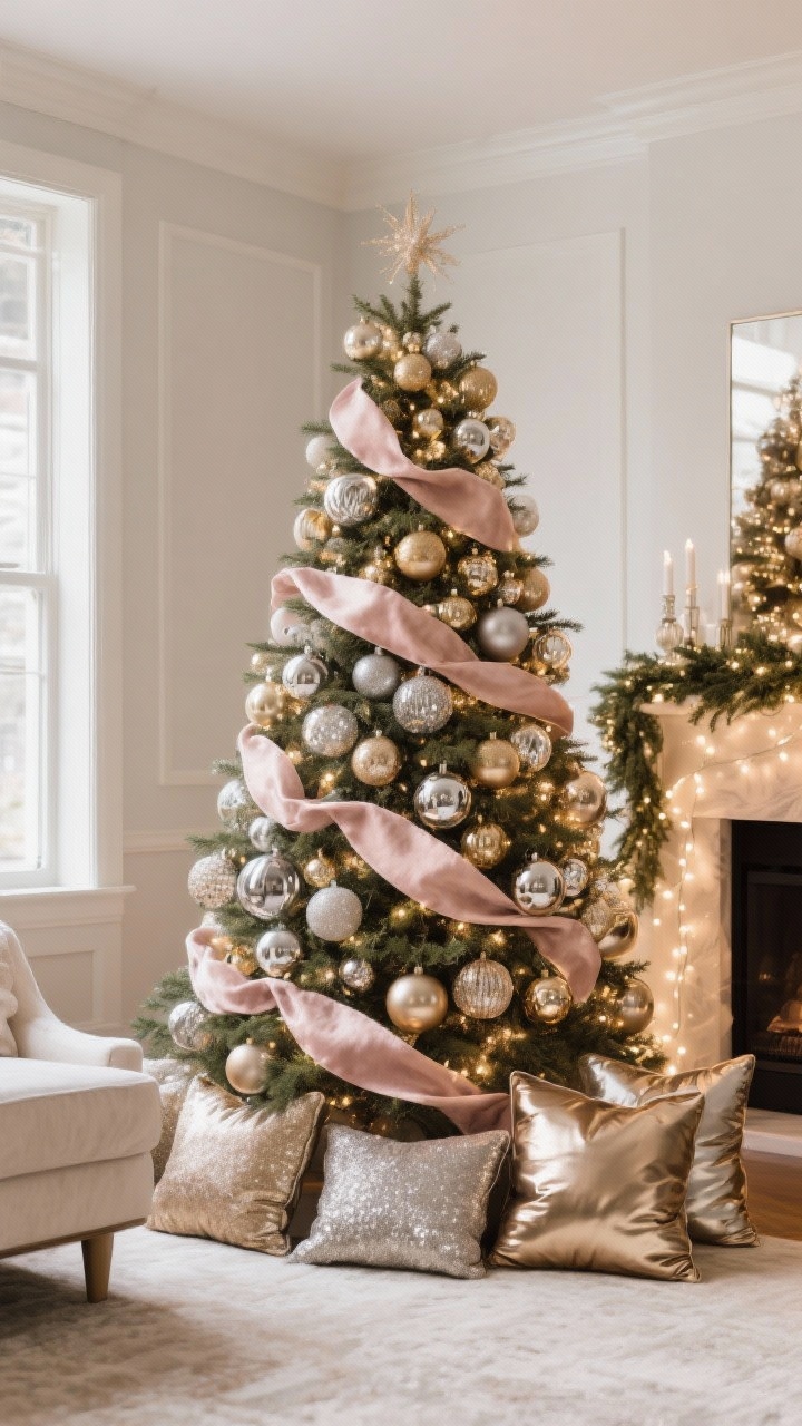 Medium shot of a theme-forward Christmas tree styled in a Glam Metallics vibe: champagne, gold, silver, and smoked glass ornaments with a restrained palette; velvet ribbon and mercury glass pieces mix matte, gloss, glitter, and textured finishes; one metallic dominates with a blush accent kept minimal; the room echoes the theme with coordinated mantel garland and metallic-accent pillows; warm white lights only for a sophisticated sheen; straight-on perspective showing a well-edited, cohesive palette without cheesy elements.