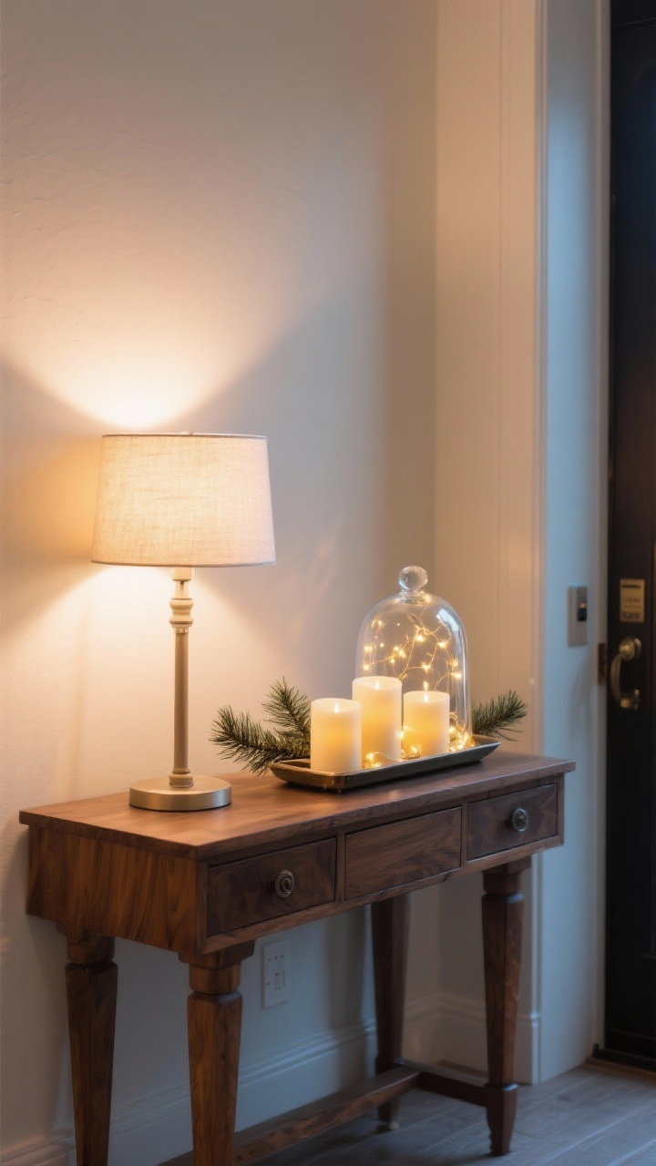 Medium shot of an entryway vignette focused on layered lighting: a walnut console table with a small lamp using a warm-white 2700K bulb casting a cozy ambient glow; a glass cloche filled with battery-operated warm fairy lights as accent lighting; a styled tray holding three LED pillar candles clustered with pine sprigs; consistent warm-white tones (no mixed color temps); soft evening ambiance with gentle reflections on the wall, no harsh brightness.