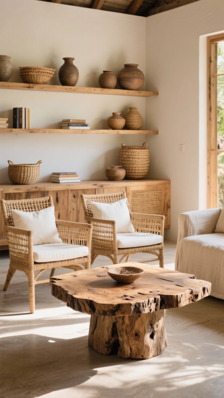 Medium shot of Bali essentials: a raw teak coffee table with live, natural edges and a chunky pedestal base, flanked by rattan armchairs with white/oatmeal cushions; open light-wood shelving behind holding pottery, woven baskets, and a few books; mixed finishes visible—a raw wood console, rattan chairs, and a linen sofa; warm natural daylight for a sun-kissed look, photorealistic.