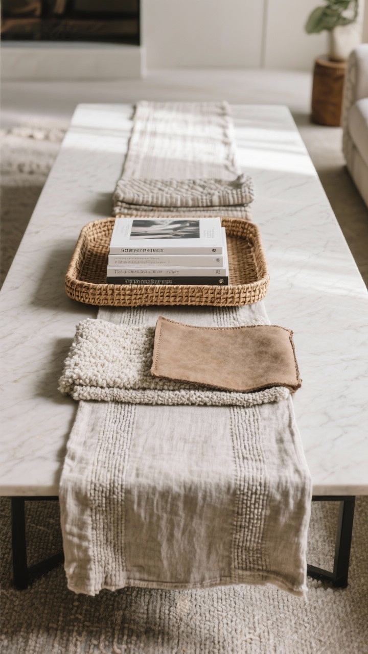 Medium shot of layered textiles on a coffee table: a narrow linen runner down the center of a long rectangular table anchoring the vignette, with a woven rattan tray on top and a slim stack of books within; subtle textures (bouclé, linen, felt, leather) visible in supporting accents; muted, modern palette avoiding busy patterns; soft morning light revealing fabric weave and depth.
