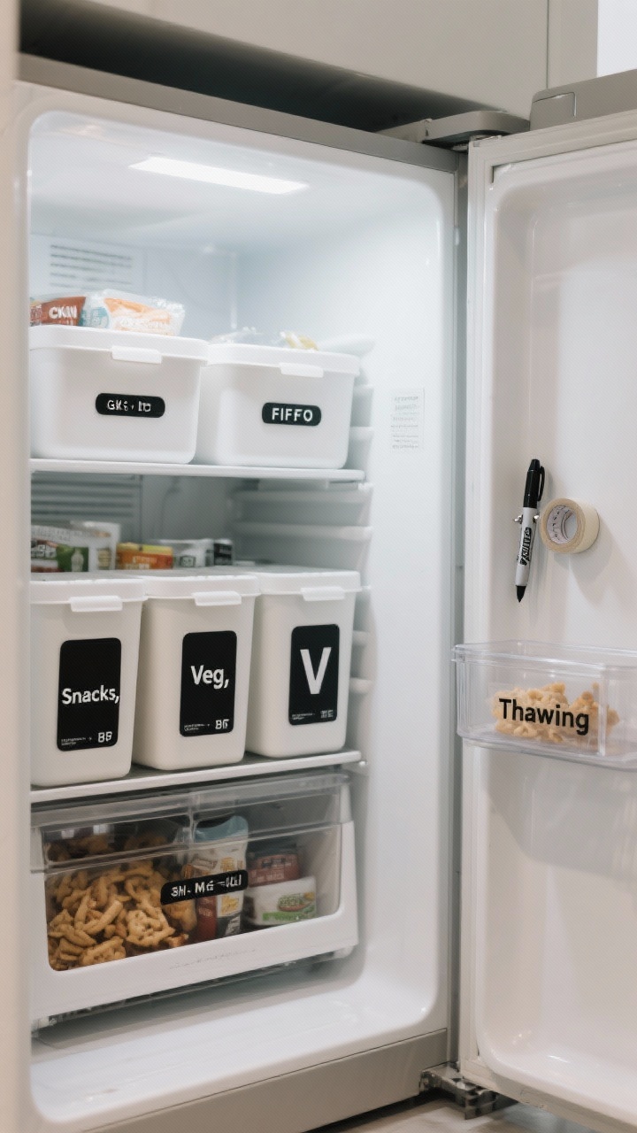 Medium shot, straight-on view of a freezer interior showcasing self-maintaining systems. Front row displays older items, newer items tucked behind (FIFO clearly visible). Each category in capped, matching bins labeled “Snacks,” “Veg,” “Meals,” with one-in-one-out discipline implied by a full “Snacks” bin. On the fridge side exterior, a magnetic holder with a Sharpie and freezer-safe tape ready for labeling. Containers show standardized abbreviations like CKN, GB, BF, V on dissolvable labels. Include a small clear bin in the adjacent refrigerator labeled “Thawing” as a defrost station. Clean, organized vibe with neutral whites and bold black labels under bright, even interior lighting.