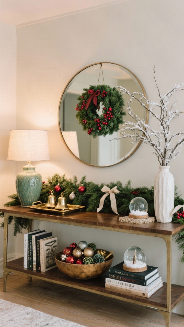 Medium, straight-on console styling moment worthy of Pinterest: a console table anchored by a round mirror with a small wreath hung over it; a draped evergreen garland across the console, tucked with red berries and a few ornaments, finished with trailing ribbon tails; balanced height with a ceramic lamp on one side and a tall vase of winter branches on the other; a brass tray holding vintage bells, a bowl of mixed ornaments, and a stack of coffee table books topped with a mini snow globe; cohesive color palette of forest green, brass, and ivory under warm lamp light.