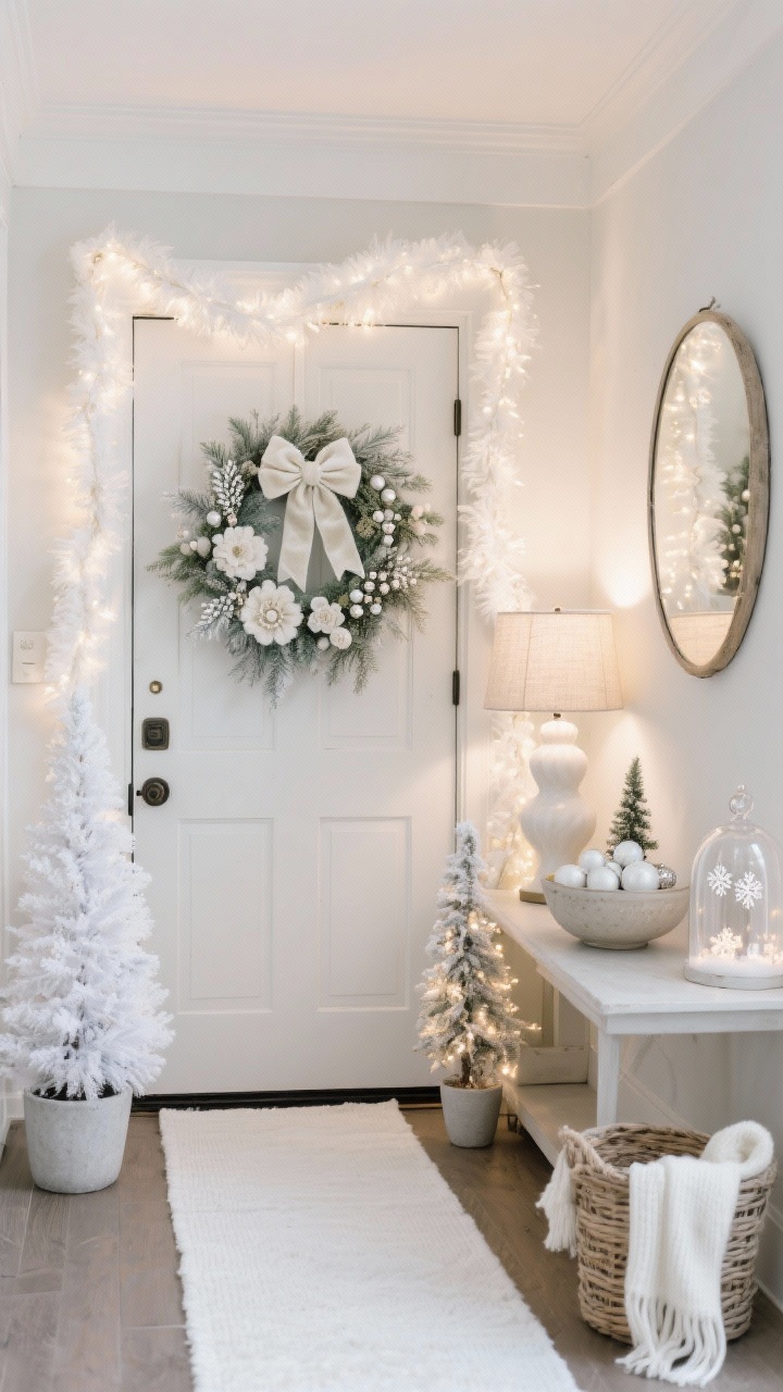 Medium straight-on entry vignette: a front door dressed with a white wreath mixing felt florals, frosted greenery, and pearl picks, finished with an ivory velvet bow. Flanking the door are pre-lit white topiaries/snow-dusted mini trees in matte white or cement planters. A warm white garland wraps the doorframe for cohesive lighting. Inside the entryway, a console features a white runner, a ceramic bowl of white ornaments, a small pre-lit tree, and a sculptural lamp with a linen shade. A round mirror above bounces light; a couple of snowflake cloches with micro lights add sparkle. A basket holds cozy white scarves for guests. Photorealistic, warm white lighting, no people, fresh and intentional mood.