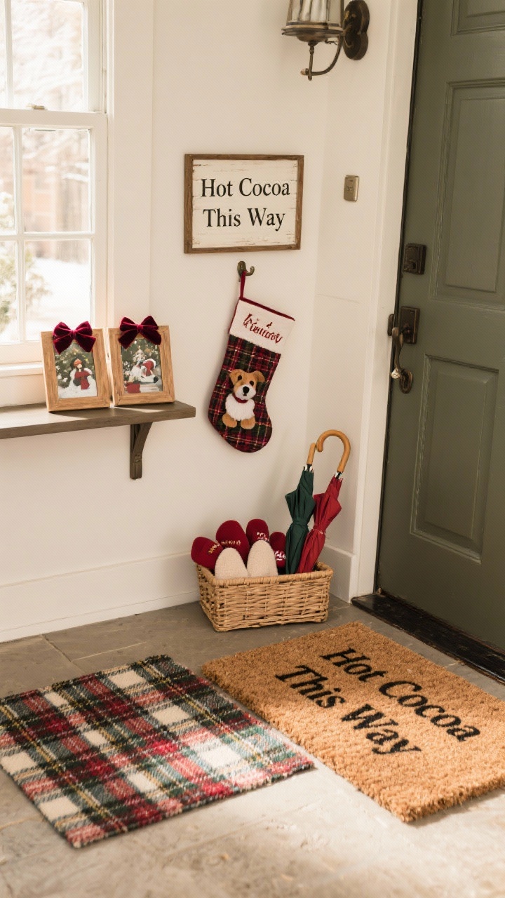 Medium, straight-on entry welcome with personal whimsy: a layered doormat setup featuring a plaid outdoor mat beneath a coir doormat with a witty, tasteful holiday message; a small framed “Hot Cocoa This Way” sign on the console alongside two mini photo frames with nostalgic holiday photos, each topped with tiny velvet bows; a neatly arranged guest-ready basket containing spare slippers, hand warmers, and mini umbrellas; a tiny stocking with a pet’s name hanging from a hook; edited, uncluttered scene with warm, inviting light.