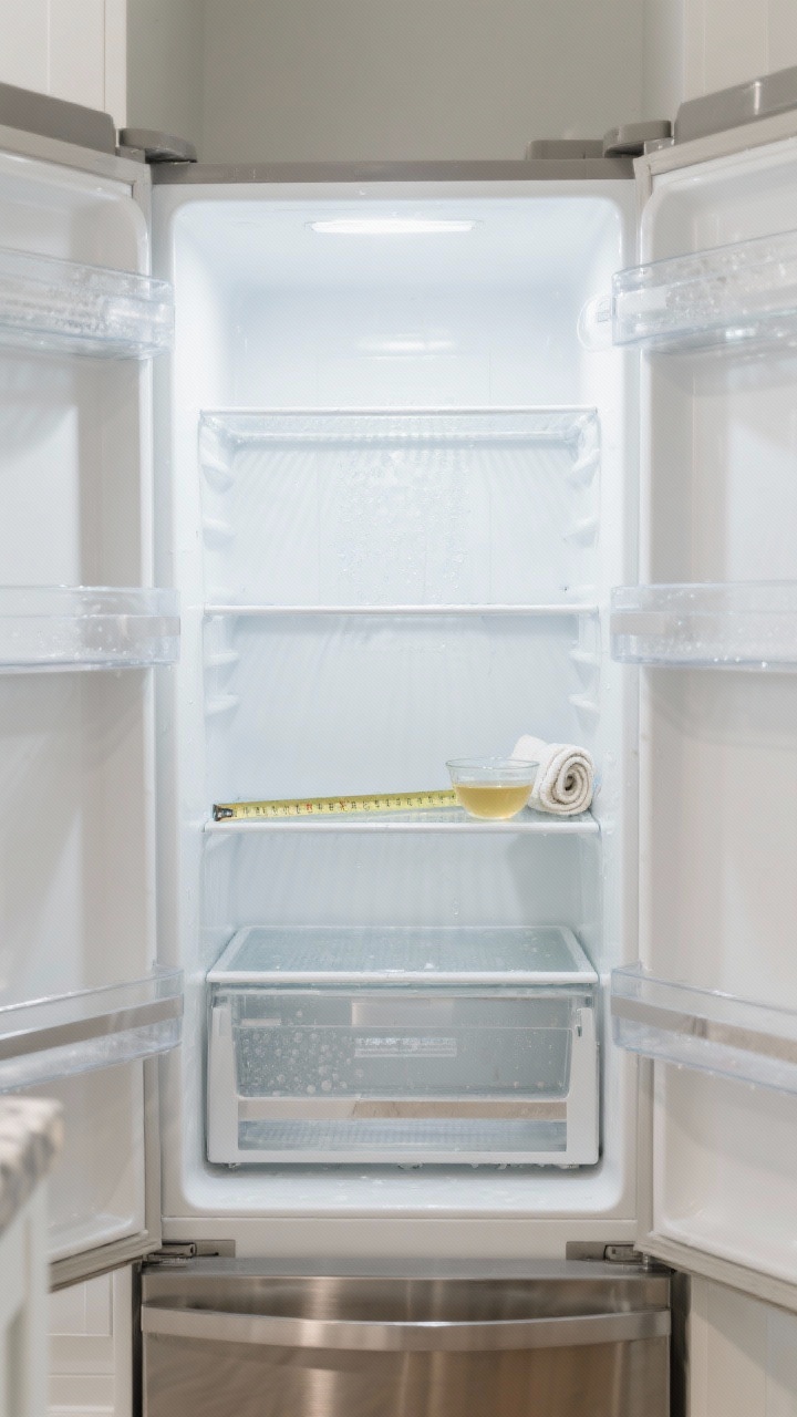 Medium, straight-on shot of an emptied upright freezer with doors wide open, shelves and drawers removed and set on a nearby counter; a soft, cool daylight ambiance. Inside cavity gleams after being wiped with warm water and vinegar, beads of water drying; thin, washable clear shelf mats rolled and ready. A tape measure lies across a shelf, a small bowl of vinegar water with a microfiber cloth beside it. Emphasize clean white interior, faint frost-free sheen, no food present, photorealistic kitchen setting with neutral whites and stainless textures.