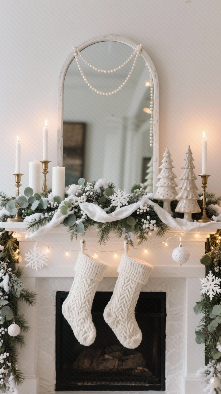 Medium straight-on view of a winter-white mantel display: lush faux cedar and pine garland layered with snow-dusted eucalyptus and white berry sprays, woven with white velvet ribbon and a strand of warm micro fairy lights. Ends anchored by matte white pillar candles and a pair of ceramic tree figurines. Varying-height candlesticks in matte white and brushed brass add warmth. Ivory knit stockings with subtle cable patterns hang neatly. Above, a large arched mirror reflects the glow; delicate pearl garlands and a few white snowflake ornaments are tucked into the greenery. Photorealistic, warm evening ambiance with soft candlelight.