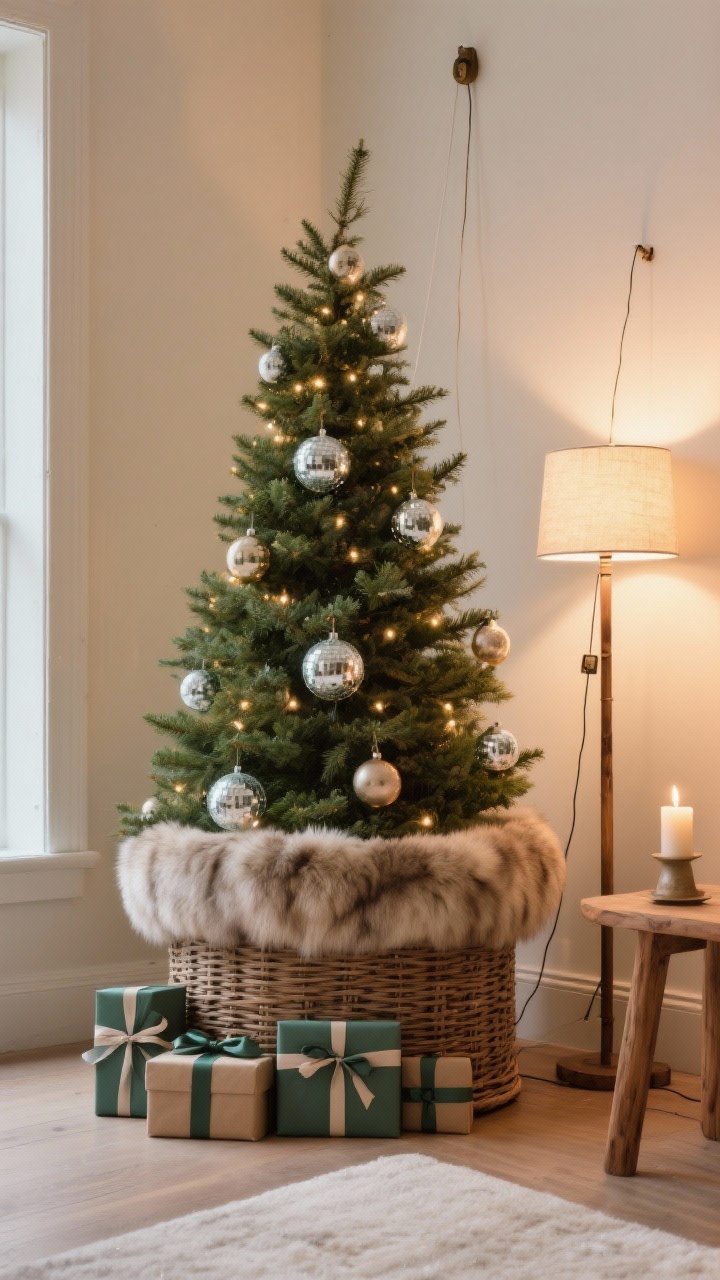 Medium-to-wide, photo-ready scene of the finished base and final touches: the tree anchored with a faux fur skirt layered inside a wicker tree collar for structure; neatly staged wrapped boxes in the tree’s color palette with coordinated ribbons; a few small mirror-ball/disco ornaments placed to bounce light, with a dimmable floor lamp nearby casting soft side lighting; warm steady tree lights for camera clarity; a subtle fir-cypress candle on a side table (no flame emphasized) hinting at scent; safety details discreetly present—breakable ornaments up high, felt and wood down low, and a near-invisible fishing line tether to a wall hook; shot straight-on for a magazine-ready finish.