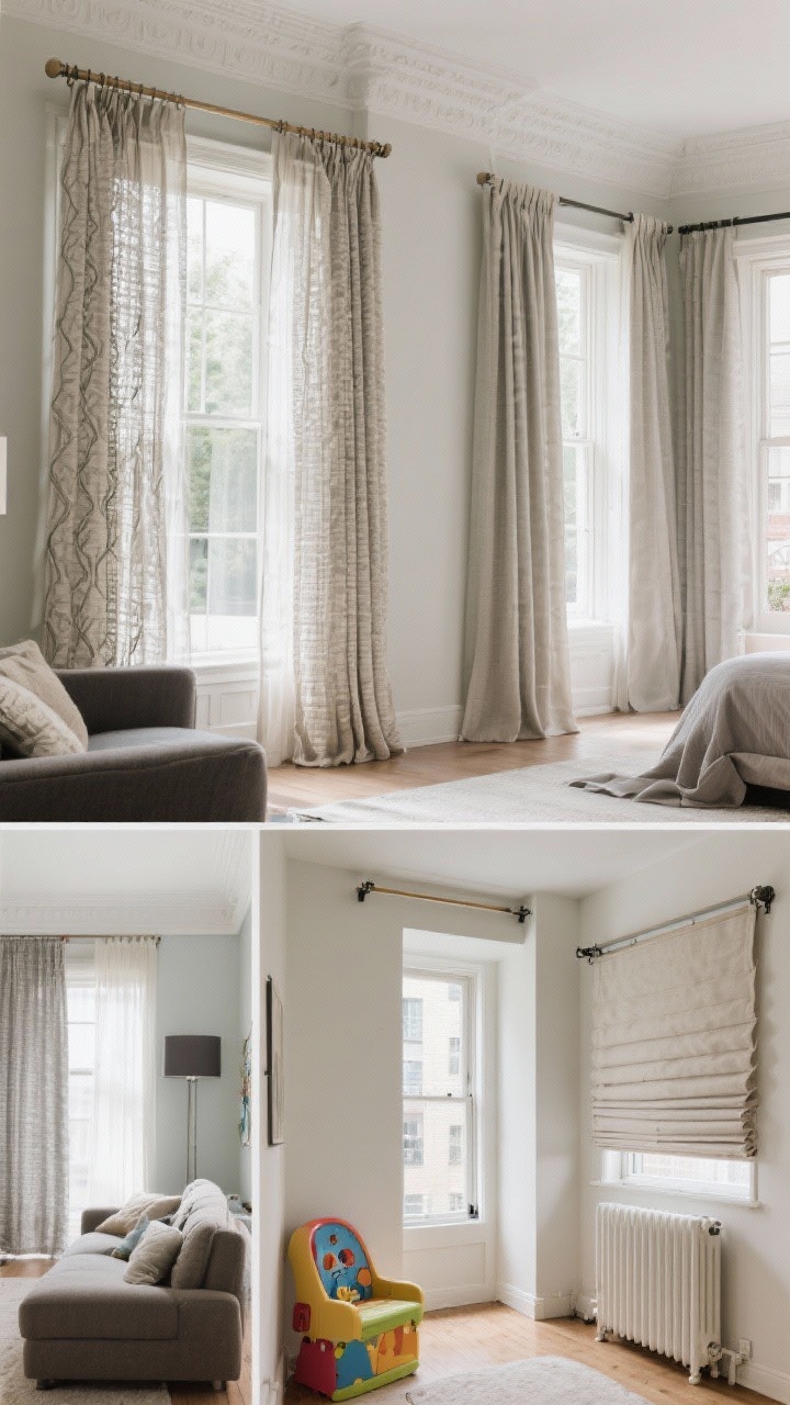 Multi-scene medium-wide composite of real-life rooms, arranged left-to-right: - Living room with tall ceilings: rod mounted within 2–4 inches of the crown, extra-wide span so panels stack fully off glass; double rods with sheer underlayer and decorative panels; layered texture, abundant daylight. - Bedroom: high-and-wide wraparound rods that curve back to the wall to block side light leaks; blackout-lined drapes over sheers; calm, darkening ambiance. - Small apartment nook: ceiling-mount track with light fabrics, rods color-matched to the wall for a seamless modern look; extended width for maximum daylight. - Kids’ room/high-traffic corner: float hem, sturdy brackets with secure anchors, cordless shades under drapes. - Over radiator: higher-mounted café-length panels or Roman shades clearing a visible baseboard heater. Consistent photorealism, straight-on perspective with slight variations.