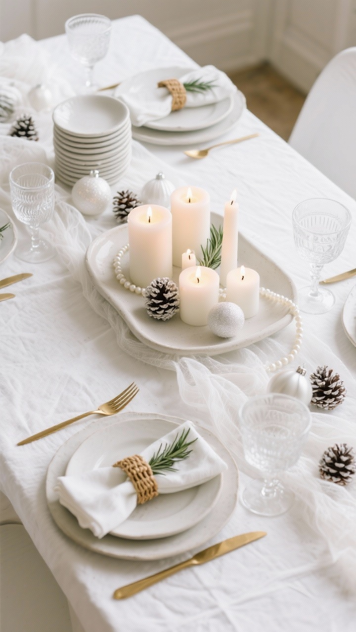 Overhead detail shot of a snowy white tablescape designed for dining: warm white linen tablecloth with a loosely layered gauzy cheesecloth runner. Place setting stacks of white dinnerware on matte ceramic/plaster-look chargers, paired with gold or champagne flatware. Clear, simple glassware with an etched vintage coupe at one setting. Stoneware or rattan napkin rings hold linen napkins with a sprig of rosemary for scent. Centerpiece on a ceramic tray with grouped white pillar candles and tea lights at varying heights, scattered frosted pinecones, white ornaments, and a subtle pearl garland. Photorealistic, soft warm light.