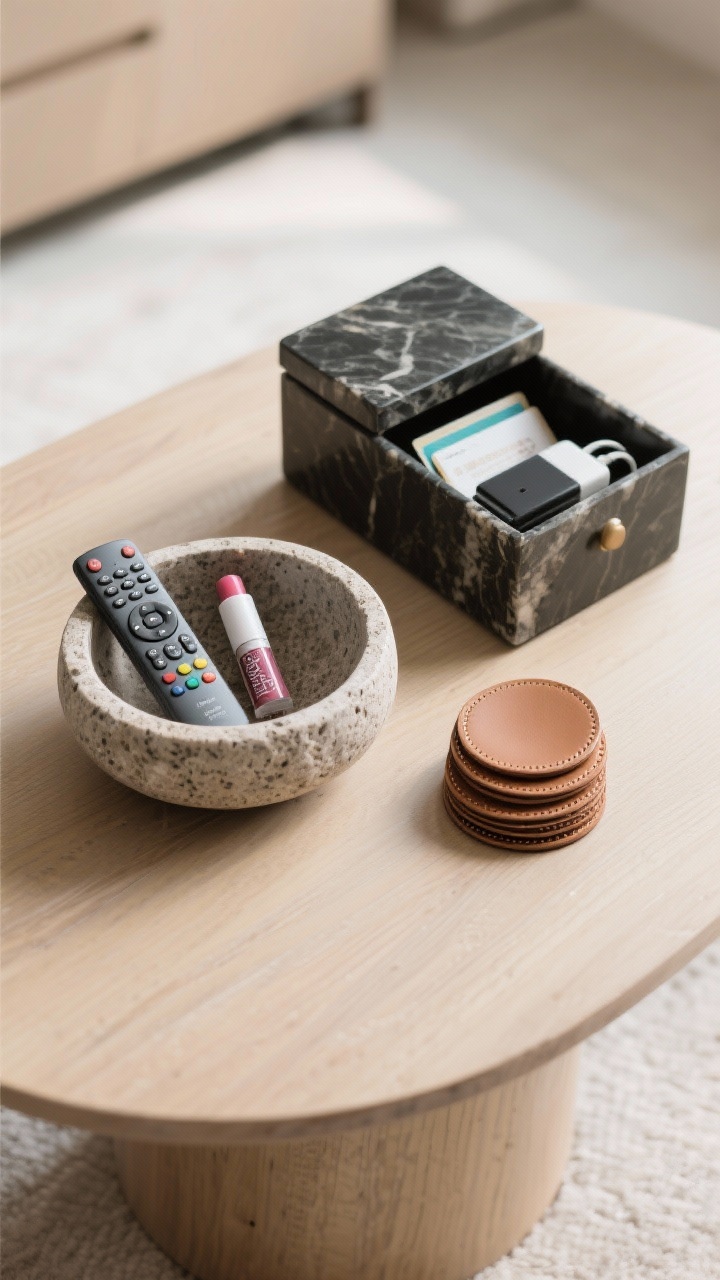 Overhead detail shot showcasing functional storage: a shallow stone catch-all bowl with remotes and lip balm, a lidded onyx box discreetly hiding cards and chargers, and a neat stack of leather coasters as decor; materials chosen for contrast on a light wood table; crisp, diffused daylight emphasizing texture and practicality.