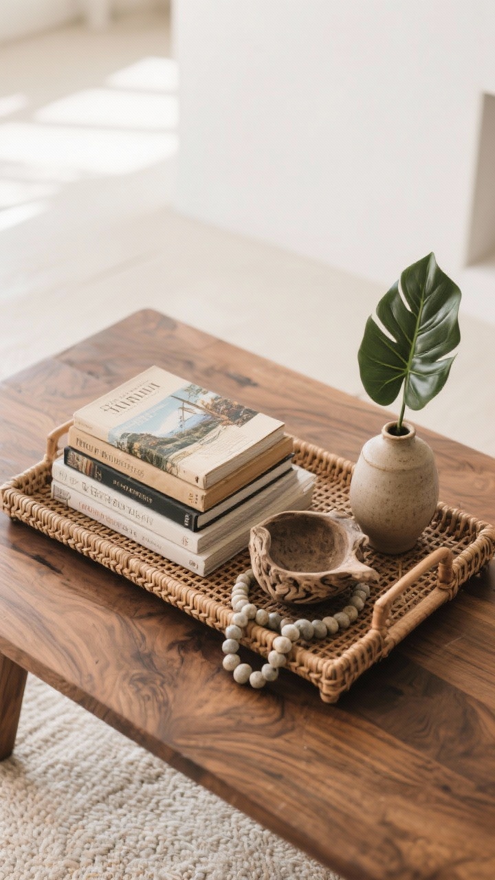Overhead detail view of a styled coffee table: wooden or rattan tray corralling items, stacked natural-texture/travel-themed books, an organic object (stone bead garland or driftwood or carved bowl) and a small plant or single-stem tropical leaf in a ceramic vase; negative space intentionally left to showcase the teak wood grain; soft natural light, photorealistic.