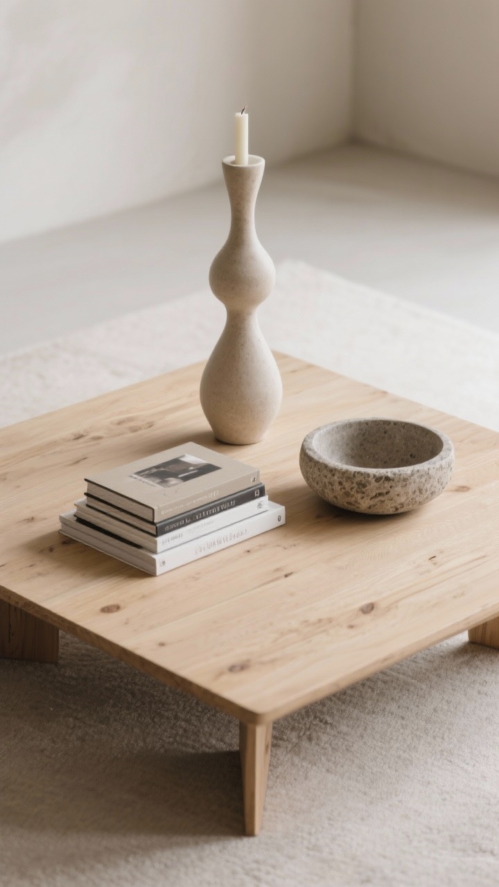 Overhead medium shot demonstrating height, shape, and negative space on a light oak coffee table: a loose triangle layout with one tall sculptural candle, one medium rectangular stack of books, and one low round stone bowl; 30–40% of the surface left clear; mixed finishes (matte ceramic, glossy book jacket, honed stone); balanced contrast, with clean lines and breathable spacing.