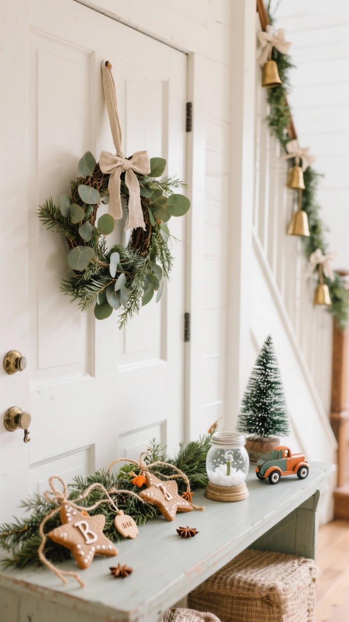 Photorealistic closeup detail shot of natural farmhouse Christmas greenery and simple DIYs on a white-painted interior door and nearby surface; a minimal eucalyptus and cedar wreath with a single ribbon hung on the door; along a blurred staircase edge in background, draped garland with small linen bows and brass bell bundles; on a console below, a dried orange garland with twine and star anise, salt dough star ornaments stamped with letters on jute, and a small mason jar snow globe with faux snow, a tiny bottle‑brush tree, and a toy truck; calm palette of greens, whites, warm woods, and warm metals; soft warm white light for an earthy, nostalgic mood, straight‑on close framing highlighting textures and craftsmanship
