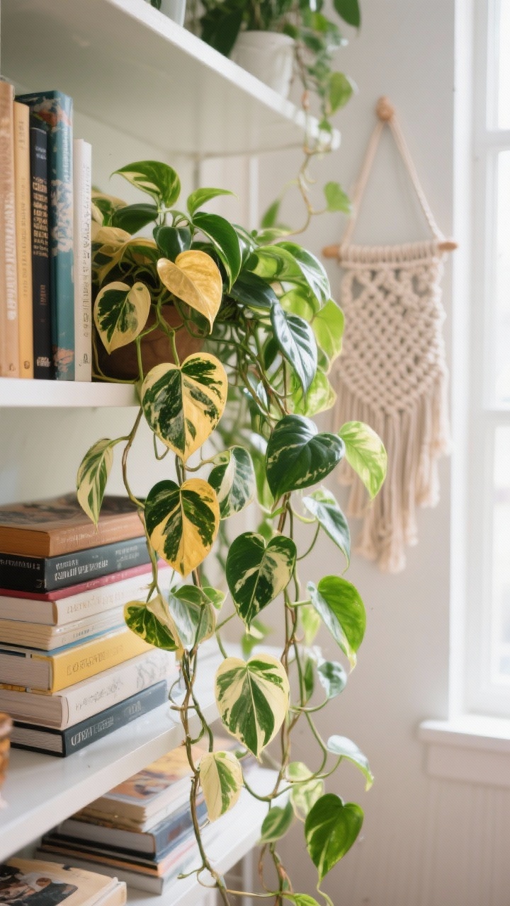 Photorealistic detail/closeup of trailing pothos (Epipremnum aureum) draped from a bookcase shelf; include mixed varieties—golden pothos, marble queen, and neon—for soft color variation; show vines cascading over stacked art books, with a macramé hanger visible in the background to suggest additional hanging placement; textures: glossy heart-shaped leaves with variegation; lighting: soft bright indirect light from side window; mood: curated, lived-in look; perspective: eye-level closeup focusing on leaf patterns and trailing forms; no people.