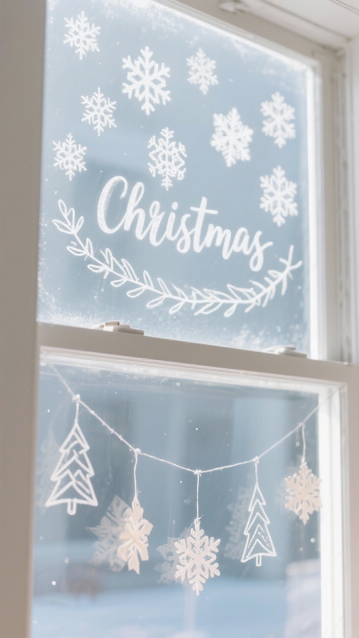 Photorealistic detail closeup of window glass used as a canvas: crisp static-cling snowflake decals clustered in the top third, soft frosted-spray border in the corners, and elegant white chalk-marker hand-lettered holiday phrase with drawn garland accents; include a taped stencil edge suggesting geometric tree shapes filled with marker, plus a few delicate paper snowflakes hung on clear thread at staggered lengths; clean glass, high impact with low residue, subtle daylight glow passing through, oblique angle to highlight transparency and texture