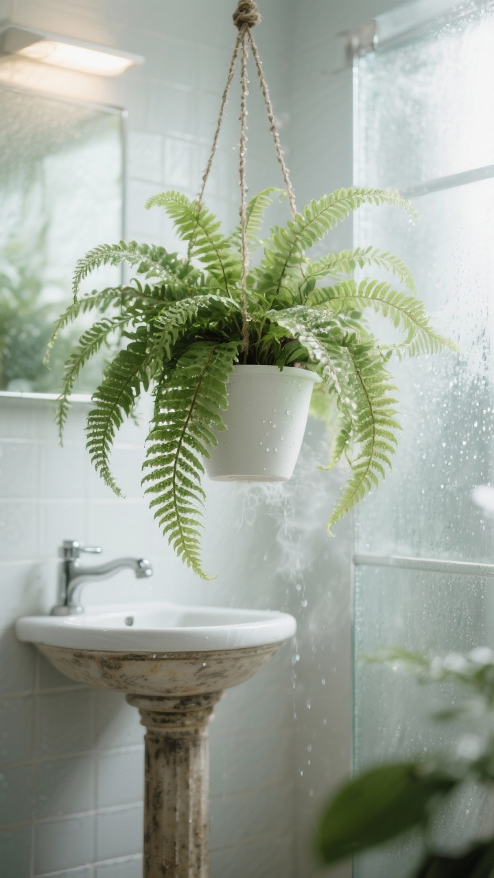 Photorealistic hanging detail shot of a Boston fern (Nephrolepis exaltata) suspended in a bathroom corner; frilly, arching fronds spilling over a simple white pot, softly misted for a dewy look; place on a vintage pedestal nearby for layered texture and greenhouse vibe; pair with minimalist fixtures to add warmth; lighting: bright indirect to medium, diffused through frosted glass; visible condensation hints at high humidity; mood: lush and refreshing; perspective: slightly upward angle emphasizing volume and texture of fronds; no people.