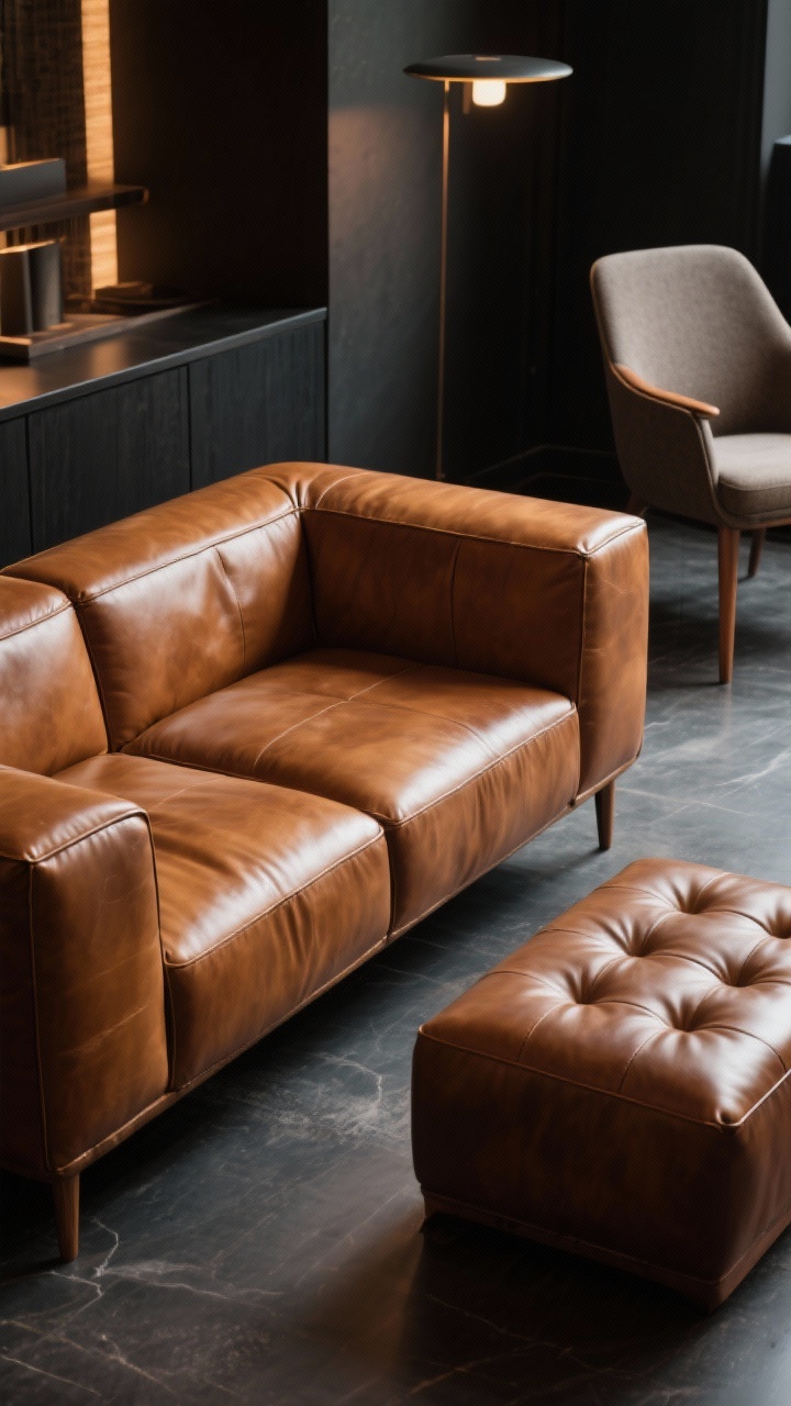 Photorealistic medium corner angle of a luxe leather sectional capturing vintage-meets-modern: top-grain or full-grain cognac leather with natural patina, low boxy modular silhouette with clean seams; optional curved segment to soften the look. Pair with mid-century details like tapered wood legs on an adjacent chair and a tufted leather ottoman. Balanced palette with charcoal accents to ground the space. Warm, moody ambient lighting; subtle highlights showing leather grain; no people; club lounge energy.