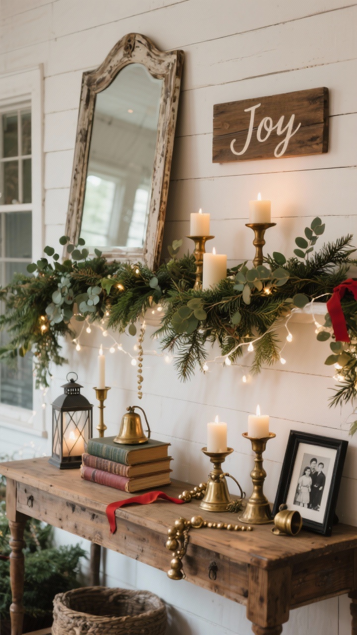 Photorealistic medium shot of a cozy, collected farmhouse “mantel” styled on a vintage wooden console table against a white shiplap wall; layered backdrop with a leaning antique mirror and a weathered window frame, a simple wood sign reading “Joy” in script; a thick, slightly wild mixed-evergreen garland tucked with eucalyptus and juniper; warm white fairy lights woven through; mismatched brass candlesticks and pillar candles glowing; small lanterns, old books with frayed pages, a strand of brass bells, and framed black‑and‑white family photos; palette of greens, cream, natural wood, and antique brass with a hint of red ribbon; soft evening ambient lighting, straight‑on perspective, shallow depth of field for warmth