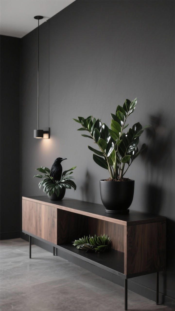 Photorealistic medium shot of a dimmer shelf/console display anchored by a ZZ plant (Zamioculcas zamiifolia) in a matte black pot for gallery-style contrast; thick, glossy leaflets catching specular highlights; include a raven ZZ variant on a lower shelf for deep, dramatic foliage; palette: black, charcoal, and natural wood; lighting: low to bright indirect but overall subdued, avoiding direct sun; mood: clean, modern, and ultrachill; perspective: straight-on, waist-height framing the console and both plants; no people.