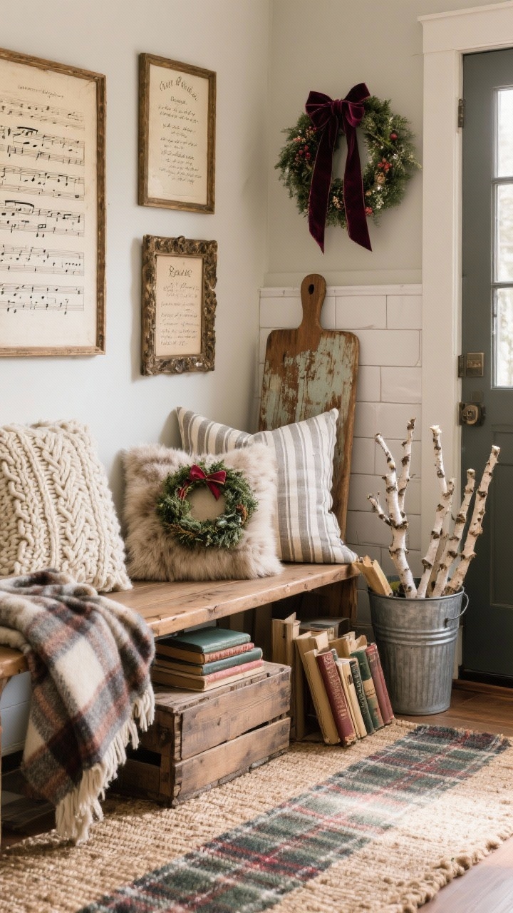 Photorealistic medium shot of a layered cozy corner showcasing textiles and vintage finds; chunky knit and flannel throws in muted plaid draped over a wooden bench; mix of cable knit, faux fur, and ticking stripe pillows including a subtle holiday lumbar with a small wreath motif; jute rug layered with a narrow plaid wool runner; vintage wooden crate used as a side table holding old books; galvanized bucket with faux birch sticks; antique frames on the wall featuring holiday sheet music and a handwritten recipe; worn cutting boards leaning on a nearby kitchen backsplash edge; entryway wreath with velvet ribbon visible; warm, diffused natural daylight from the side, slightly angled perspective