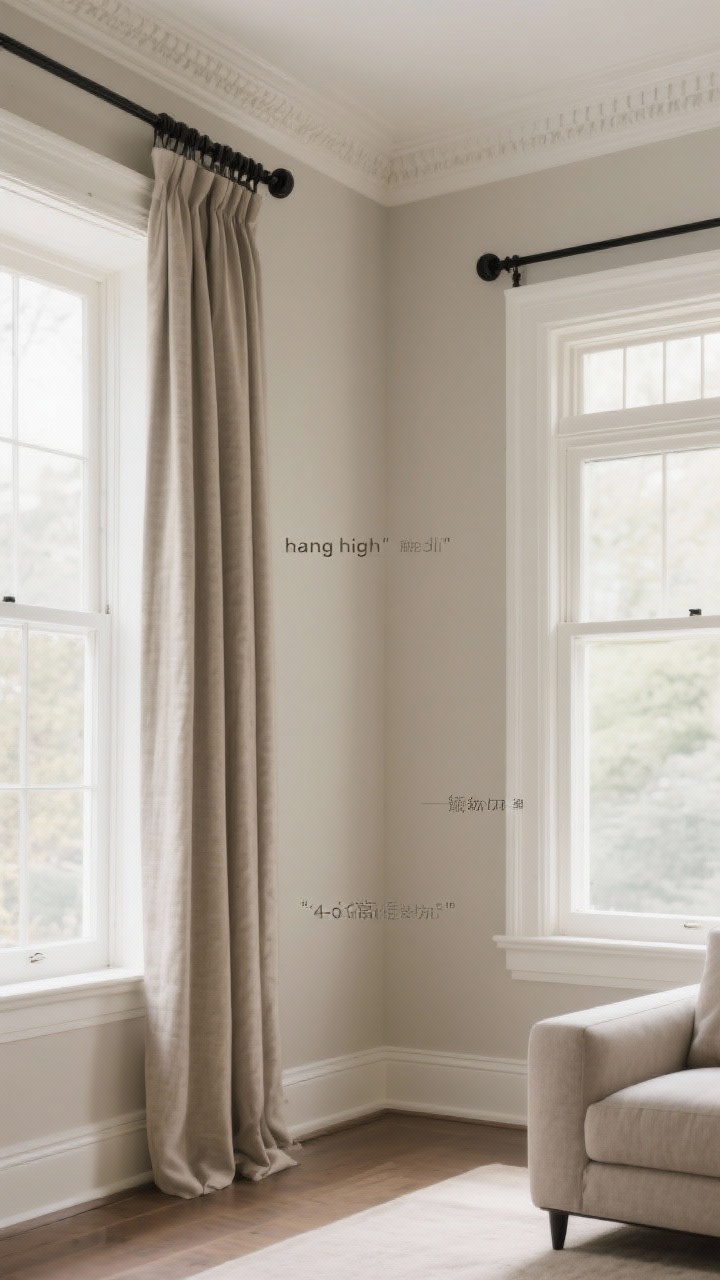 Photorealistic medium shot of a living room wall with a tall window and floor-length linen curtains mounted just below the crown molding, showcasing the “hang high” rule. Include three scenarios in one styled space: left window rod at 4–6 inches above trim, center window rod midway between trim and ceiling, right window rod just under the ceiling for ultra-luxe drama. Add a transom window variation on one opening with the rod placed above the transom. Neutral wall paint, crisp white trim, matte black rod with simple end caps, soft morning light making the room feel taller. Angle from a slight corner to emphasize vertical lines; no people.