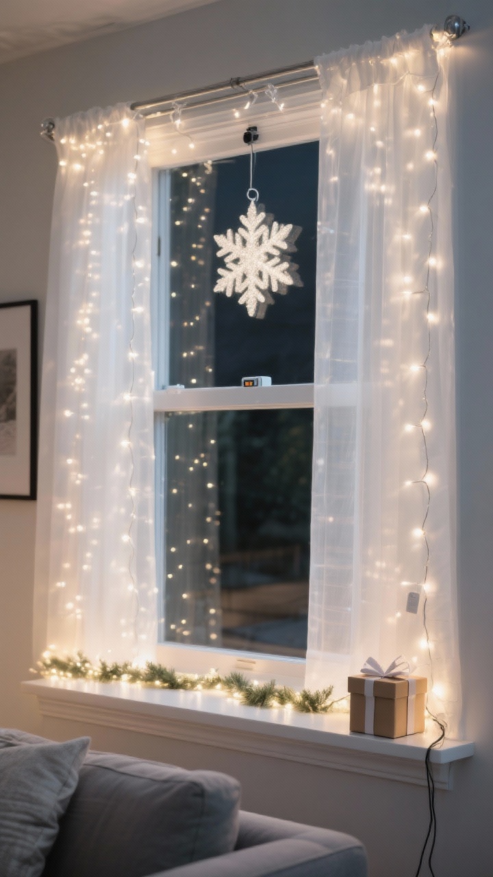 Photorealistic medium shot of a living room window framed with warm white mini string lights attached via clear Command hooks, with LED curtain lights cascading like a sparkling waterfall behind sheer white curtains, a lit garland on the sill and a glowing paper star backlit for layered depth; include a battery-powered snowflake silhouette suctioned to the glass with its battery pack hidden inside a small wrapped gift box on the sill; clean, modern trim, cords neatly tucked, cool-to-the-touch LED glow, cozy evening ambiance, no people, straight-on perspective emphasizing clean lines and big glow
