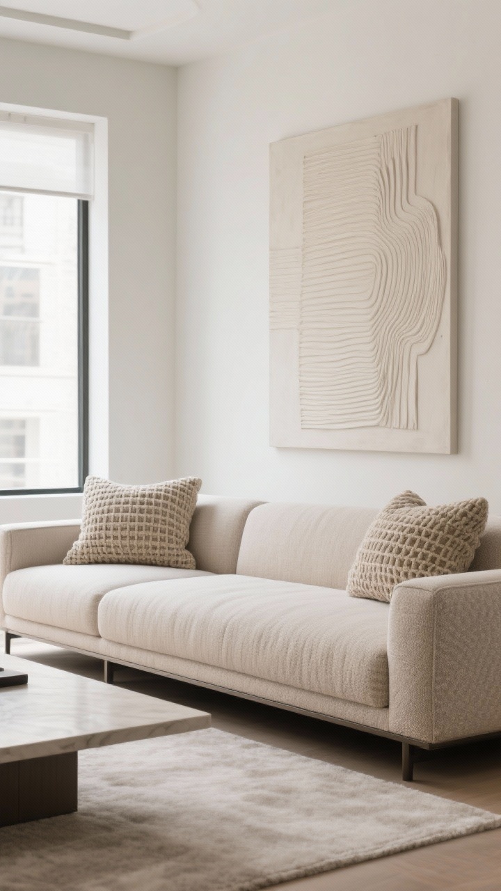 Photorealistic medium shot of a minimalist, low-profile modern sectional: 15–18" seat height, tight-back and bench seat cushions, track arms, armless corner unit, finished in a neutral palette (sand/pebble) with textured weave or performance linen. Straight-on view with a large, low coffee table and oversized statement art above to elongate the eye line. Tonal but textured throw pillows (nubby, ribbed, waffle weaves). Bright natural light from large windows; clean, gallery-esque vibe; inset legs barely visible.