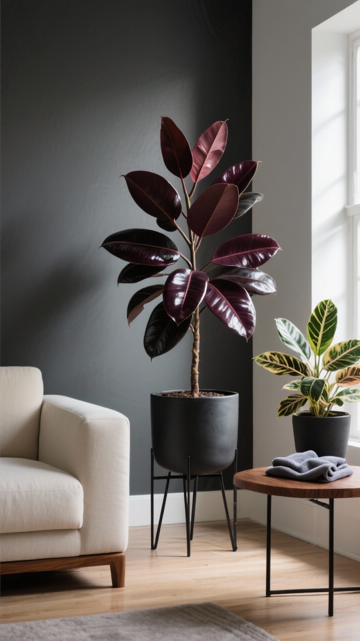 Photorealistic medium shot of a moody modern living room corner featuring a rubber plant (Ficus elastica) elevated on a black metal tripod planter; choose a ‘Burgundy’ cultivar with deep, glossy oversized leaves, and include a second pot of variegated ‘Tineke’ nearby for color drama; details: a folded microfiber cloth on a side table to imply leaf polishing; palette: charcoal, walnut wood, muted cream; lighting: bright indirect with a touch of gentle morning sun grazing leaves; mood: sculptural, photo-friendly elegance; perspective: straight-on composition showcasing height and shine; no people.