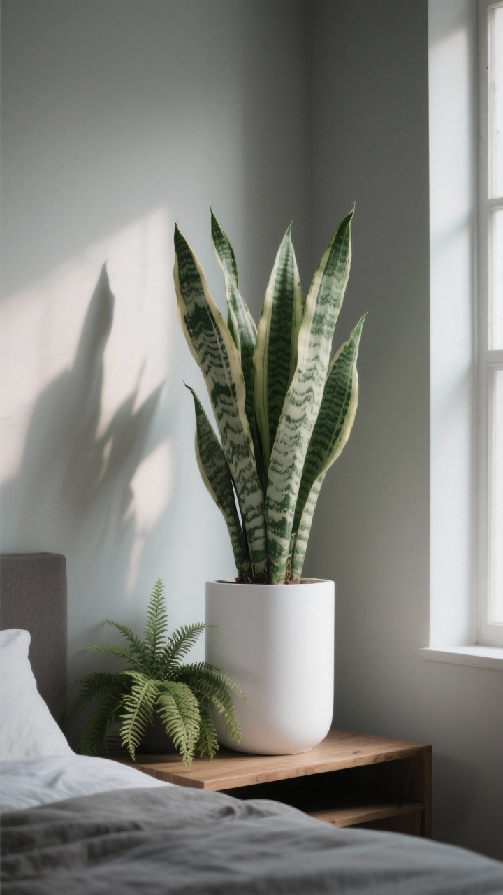 Photorealistic medium shot of a snake plant (Sansevieria) styled as a sculptural accent in a tall white matte cylinder pot, placed on a low wood console near a dim bedroom corner; include a small cluster of softer Boston ferns beside it to balance the architectural, upright leaves; feature a variegated snake plant cultivar with bold green and cream striping; lighting: low to bright indirect daylight from a nearby window, with gentle shadows; mood: calm, minimal, and low-maintenance elegance; perspective: straight-on at chest height, emphasizing the vertical leaves and pot height; no people.
