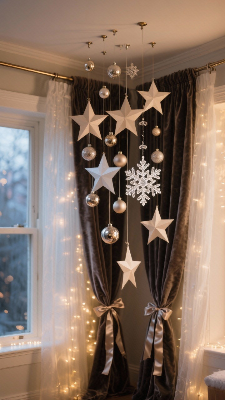 Photorealistic medium shot of hanging holiday magic: a cluster of oversized paper stars in neutral and metallic tones suspended at varying lengths, ornaments in matte and shiny finishes tied on satin ribbons to a slim tension rod inside the frame, and a delicate snowflake mobile made of acrylic flakes strung on fishing line gently floating; winter curtains in velvet with ribbon tiebacks frame the scene, with fairy lights placed behind sheer inner panels for a dreamy, diffused sparkle; warm evening ambiance, corner angle showing depth and movement, no visible hardware except subtle Command ceiling hooks